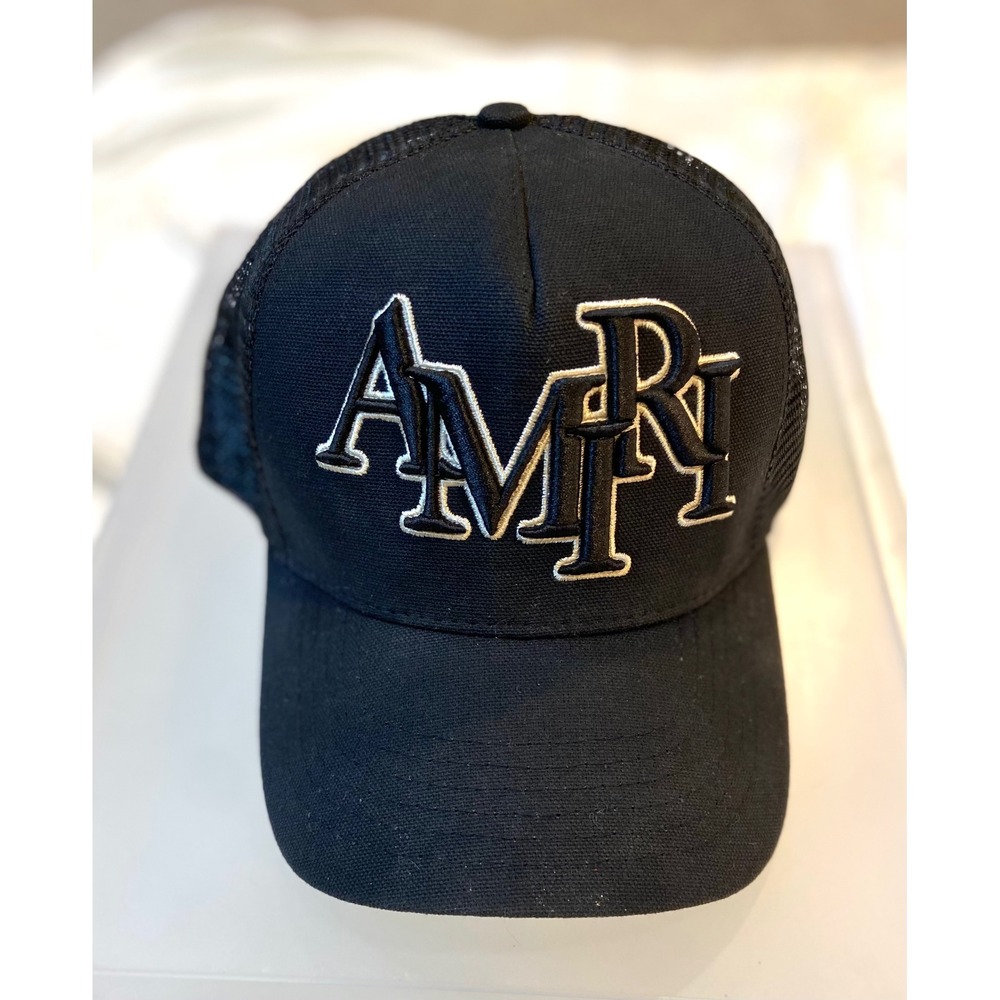 AMIRI Staggered Logo‎ Trucker Hat Cap Black Alabaster Embroidered Adjustable